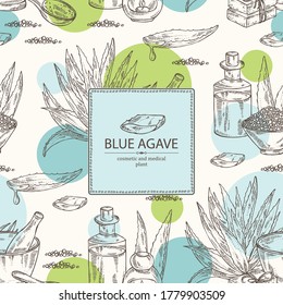 Background with blue agave: blue agave plant, soap and bath salt . Cosmetic and medical plant. Vector hand drawn illustration. 