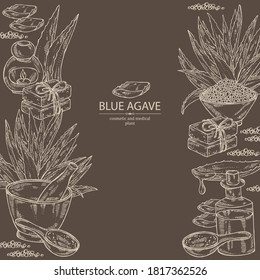Fondo con agave azul: planta agave azul, jabón y sal de baño. Planta cosmética y médica. Ilustración dibujada a mano por vectores. 