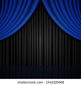 Background with blue and black curtain. Vector illustration