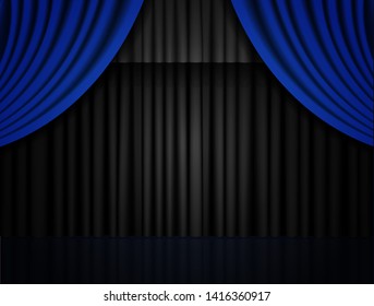Background with blue and black curtain. Vector illustration
