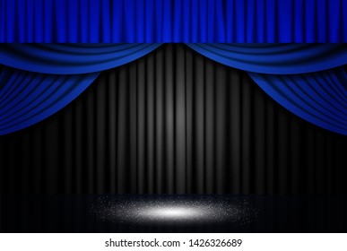 Background with blue and black theatre curtain. Vector illustration