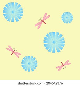 background of blue chicory flowers and dragonflies