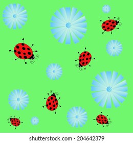 background of blue chicory flowers and ladybirds