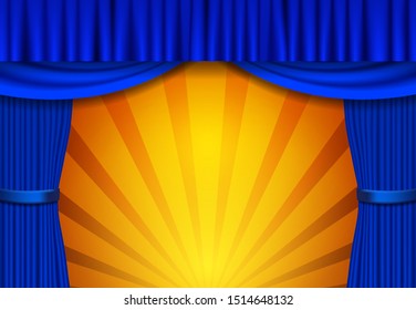 Background with blue circus curtain. Design for presentation, concert, show. Vector illustration