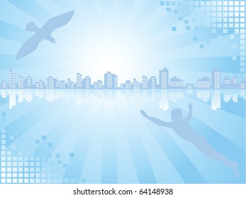 Background of blue color. On a line of horizon a city landscape. The person and a bird aspire there.