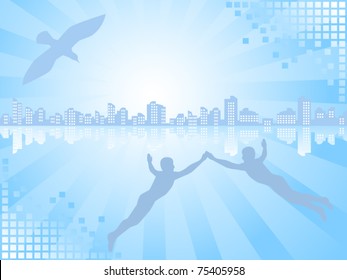 Background of blue color. On a line of horizon a city landscape. The two mans and a bird aspire there.