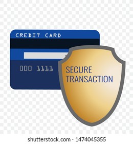 in the background is a blue credit card, in the foreground is a shield labeled secure transaction