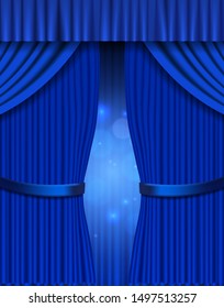 Background with blue curtain. Design for presentation, concert, show. Vector illustration