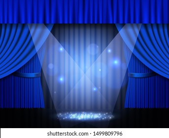 Background with blue curtain. Design for presentation, concert, show. Vector illustration