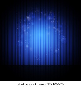 Background with blue curtain, light and dust. Vector illustration