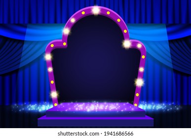 Background with blue curtain, podium and retro arch banner. Design for presentation, concert, show. Vector illustration