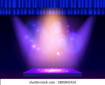 Background with blue curtain, podium and spotlights. Design for presentation, concert, show. Vector illustration