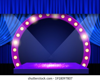 Background with blue curtain, podium, spotlights and retro arch banner. Design for presentation, concert, show. Vector illustration