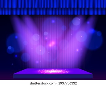 Background with blue curtain, podium and spotlights. Design for presentation, concert, show. Vector illustration