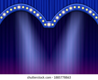 Background with blue curtain and spotlight. Vector illustration