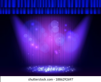 Background with blue curtain and spotlights. Design for presentation, concert, show. Vector illustration