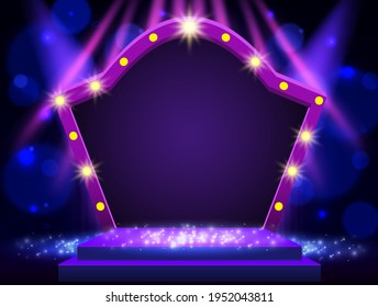 Background with blue curtain, spotlights, podium and retro round banner. Design for presentation, concert, show. Vector illustration