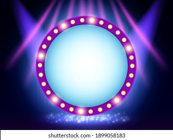 Background with blue curtain, spotlights and retro banner. Design for presentation, concert, show. Vector illustration