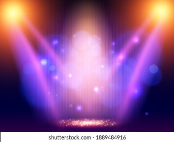 Background with blue curtain and blue and yellow spotlights. Design for presentation, concert, show. Vector illustration