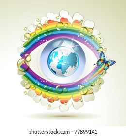 Background with blue Earth, rainbow and drops of water