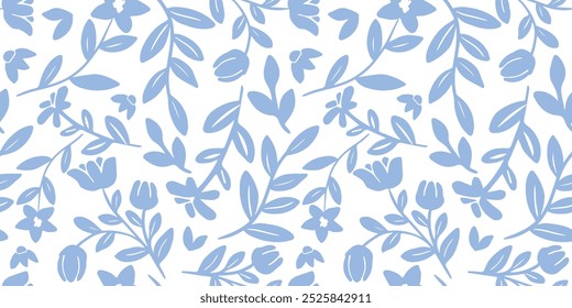 Background with blue flowers and branches, floral seamless pattern