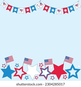 The background is blue with a garland with the US flag and stars. Symbols of America's Independence Day, Freedom Day.