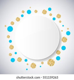 Background with blue and gold glittering circles . Vector illustration.
