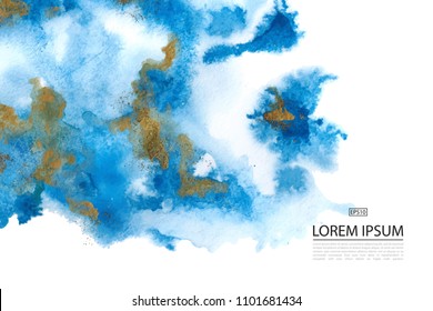 Background With Blue And Gold Marble Watercolor Texture. Vector Illustration