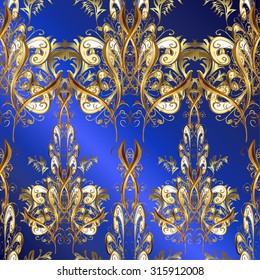 Background with blue gradient with golden doodles flowers. Vector illustration