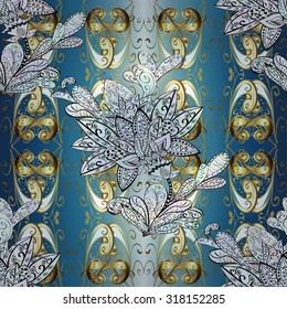 Background with blue gradient with golden doodles flowers. Vector illustration