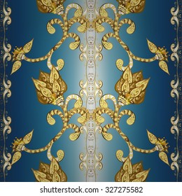 Background with blue gradient with golden doodles flowers. Vector illustration