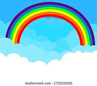 background blue gradient sky with clouds and rainbow vector illustration with air effect. cartoon cloud with place for text. Vector template