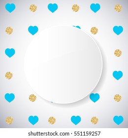 Background with blue heart and gold glittering circles . Vector illustration.