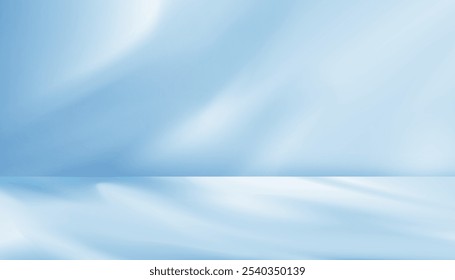 Background Blue light refraction texture overlay on white wall for product present,3D Studio room and podium Display with drop diagonal holographic flare and shadow, prism light effect on floor