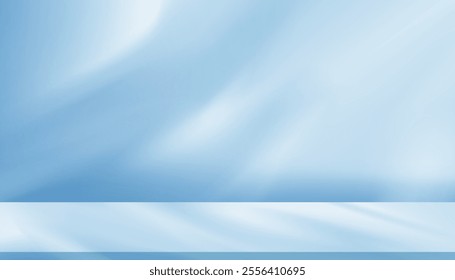 Background Blue light refraction texture overlay on white wall for product present,3D Studio room and podium Display with drop diagonal holographic flare and shadow, prism light effect on floor