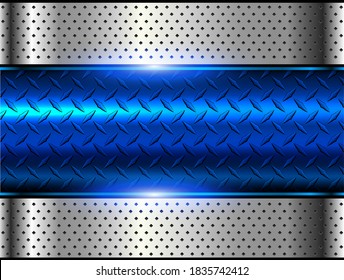 Background Blue Metallic, 3d Chrome Vector Design With Diamond Plate Sheet Metal Texture.