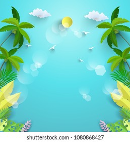 Background of the blue ocean and tropical plants. paper art design