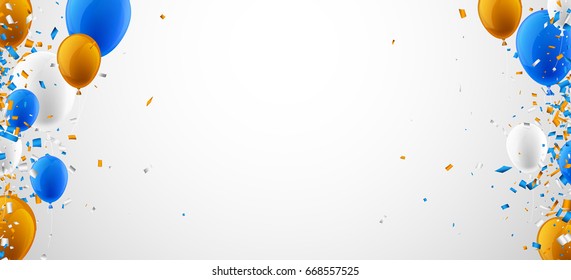 Background with blue and orange balloons and paper confetti. Vector celebration illustration.