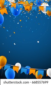 Background With Blue And Orange Flags, Balloons And Confetti. Vector Celebration Illustration.