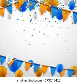 Background With Blue And Orange Flags, Balloons And Confetti. Vector Illustration.