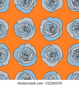 Background of a blue and orange painted roses. Vector floral seamless pattern.