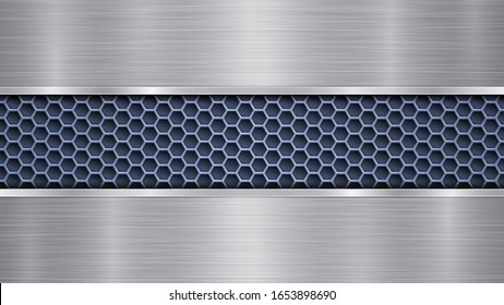 Background of blue perforated metallic surface with holes and two horizontal silver polished plates with a metal texture, glares and shiny edges