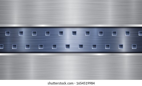Background of blue perforated metallic surface with holes and two horizontal silver polished plates with a metal texture, glares and shiny edges