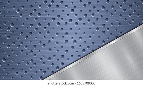 Background of blue perforated metallic surface with holes and angled silver polished plate with a metal texture, glares and shiny edges