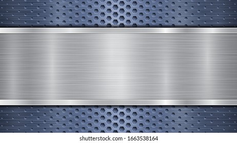 Fondo de la superficie metálica azul perforada con agujeros y chapa horizontal pulida de plata con textura metálica, glares y bordes brillantes