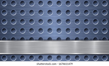 Background of blue perforated metallic surface with holes and horizontal silver polished plate with a metal texture, glares and shiny edges