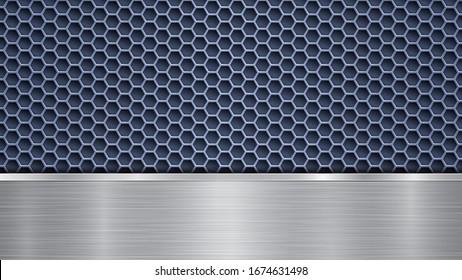 Background of blue perforated metallic surface with holes and horizontal silver polished plate with a metal texture, glares and shiny edges