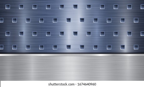 Background of blue perforated metallic surface with holes and horizontal silver polished plate with a metal texture, glares and shiny edges