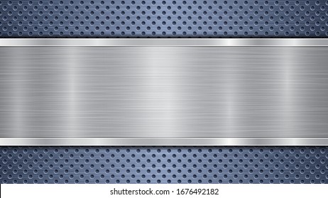 Background of blue perforated metallic surface with holes and horizontal silver polished plate with a metal texture, glares and shiny edges
