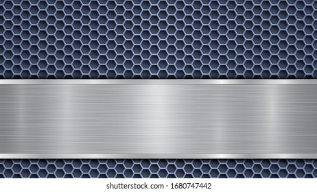 Hintergrund der gelochten, blauen Metalloberfläche mit Löchern und einer horizontalen, silberpolierten Platte mit einer Metallstruktur, Glasseisen und glänzenden Kanten